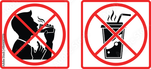 no smoking and no drinks signs, prohibition symbols set, health safety warning icons, red forbidden circle illustration design