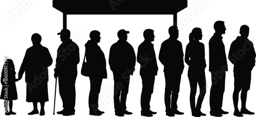 people waiting in line silhouette, queue at bus stop, crowd patience concept, urban lifestyle illustration, public transport background scene