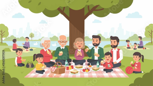 Happy family enjoying a sunny picnic outdoors under a large tree.