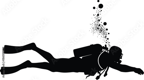 scuba diver silhouette underwater, oxygen bubbles trail, deep sea exploration concept, diving sport illustration, marine adventure lifestyle design