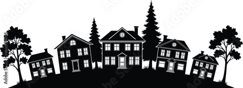 Suburban neighborhood silhouette houses, residential street landscape, black home skyline illustration, family housing concept isolated on white background