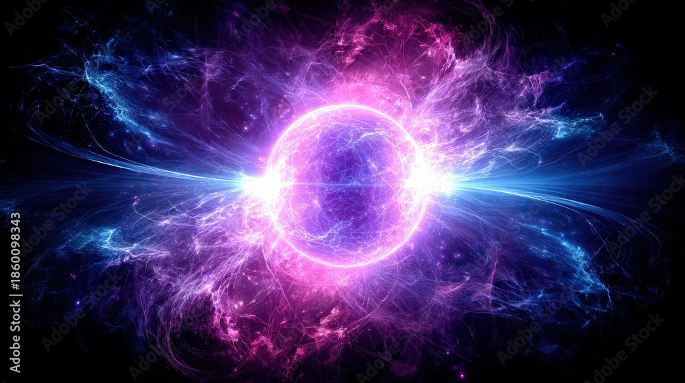Obraz premium A vibrant, abstract representation of energy waves and particles radiating from a central glowing sphere, showcasing a blend of pink and blue hues.