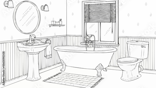Hand drawn sketch of a vintage bathroom interior design.