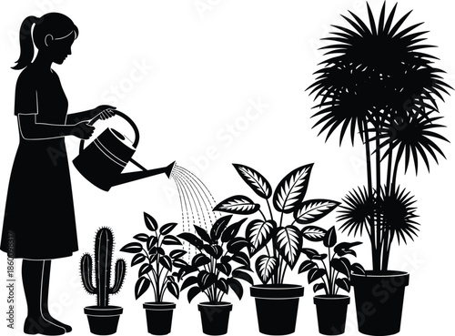 woman watering plants silhouette, indoor gardening concept, houseplant care routine, botanical lifestyle illustration, home garden design inspiration
