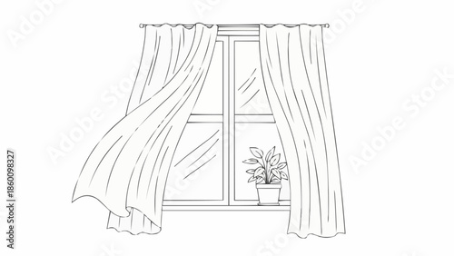 Hand drawn sketch of a window with curtains blowing in the wind.