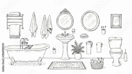 Hand drawn sketch of a vintage bathroom interior design elements.