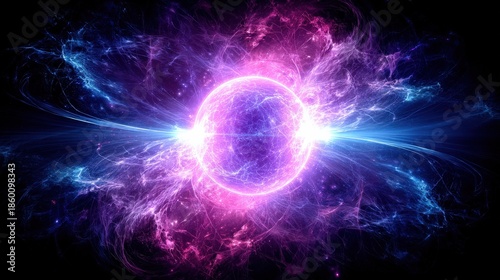 A vibrant, abstract representation of energy waves and particles radiating from a central glowing sphere, showcasing a blend of pink and blue hues.