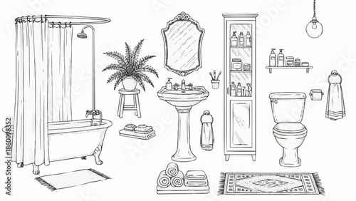 Hand Drawn Sketch of Bathroom Interior Elements.