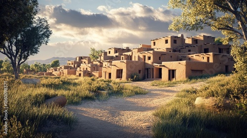 Pueblo Village at Sunset: A Digital Rendering of Ancestral Puebloan Architecture