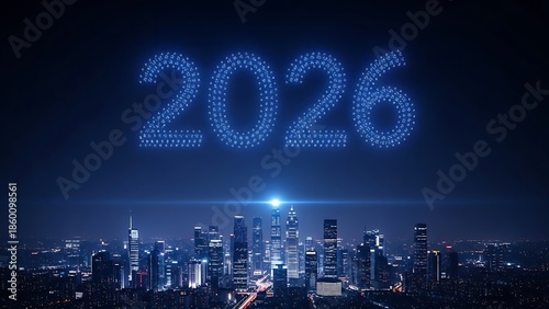 A blue neon city skyline at night with tall skyscrapers, glowing lights, and a moon over a modern downtown silhouette new year 2026