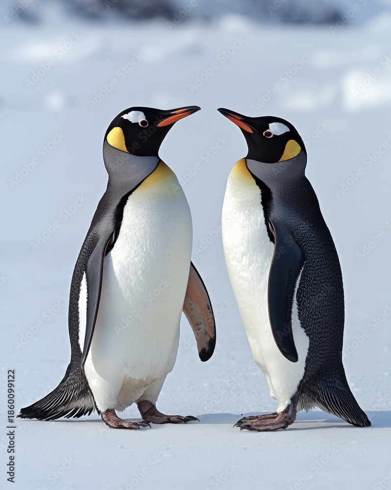 Fototapeta premium Two penguins interacting in snowy landscape