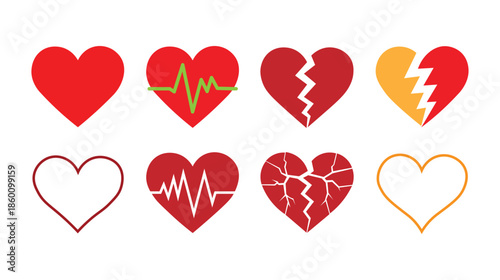 Heart and Broken Heart Icons Set – Red Heartbeat, Crack, Love, Emotion Vector Collection