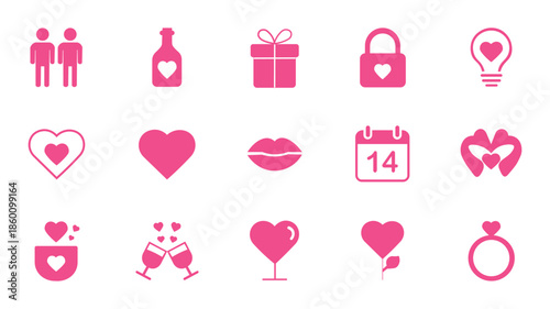 Valentine Love Icons Set – Romantic Pink Heart, Couple, Gift, Kiss, Calendar and Celebration Symbols