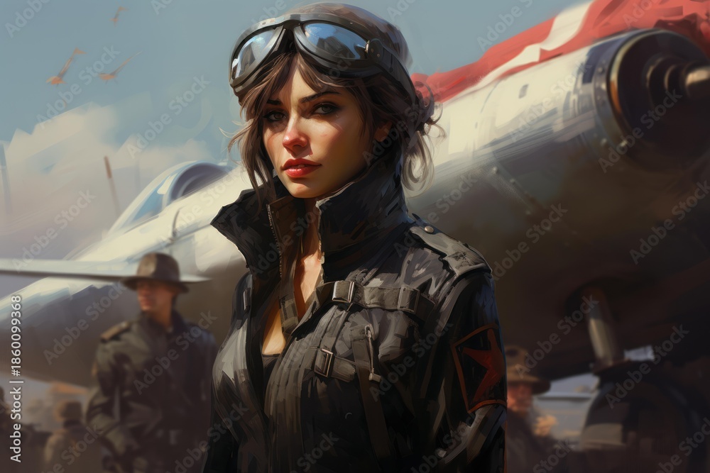 Fototapeta premium Female pilot in uniform and goggles standing on an airfield with an aircraft