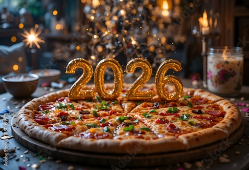 A delicious pizza adorned with golden 2026 balloons, celebrating a festive new year's eve. new years pizza 2026