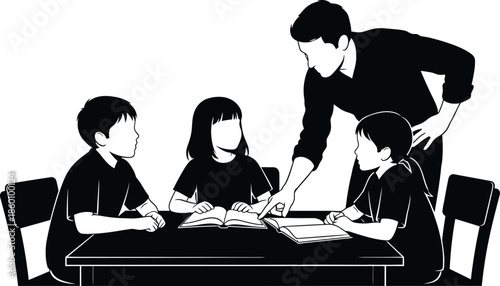 Black and white vector illustration of teacher helping students reading books at a desk