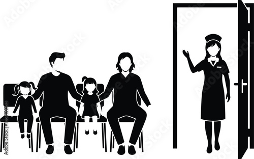 Family Waiting at Doctors Office or Clinic Called by Nurse Icon Black Silhouette