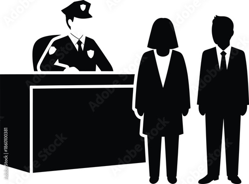 Police Officer at Front Desk Interacting with Citizens Black Silhouette Vector Icon