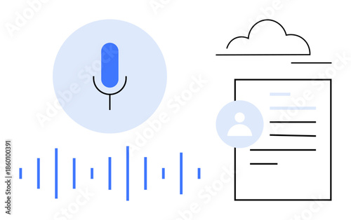 Speech-to-text, voice recognition, cloud storage, technology, digital transcription, sound processing. Microphone, sound waves document and cloud. Speech-to-text and voice recognition concepts