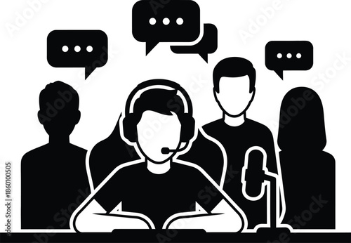 Podcast recording team group discussion vector icon Live stream, broadcasting, interview, call center silhouettes and speech bubbles