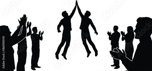 High Five Success Celebration Silhouette Vector Illustration with Cheering Crowd and Applause
