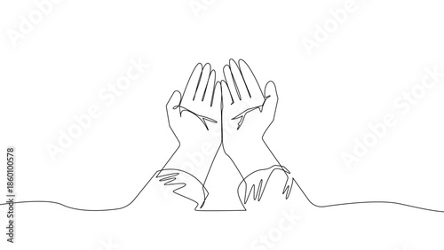 Continuous one line praying hands illustration, Islamic dua prayer and Ramadan spiritual devotion concept, minimalist linear vector design