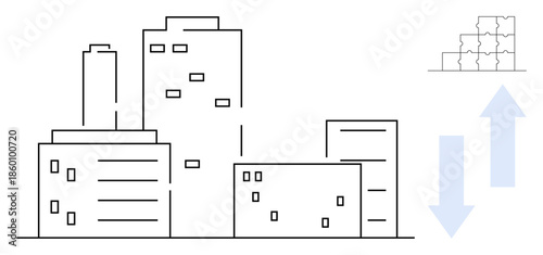 Urban growth concept. Outline of city buildings alongside puzzle and growth arrows icons urban planning, infrastructure expansion, and development processes. For business, real estate, urbanization