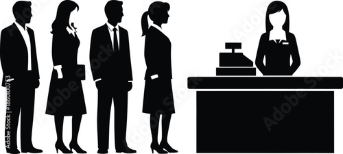 Business people standing in queue line waiting for cashier or reception desk service black silhouette vector icon