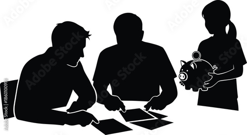 Financial Planning Meeting Silhouette with Piggy Bank Savings Consultation Vector Icon