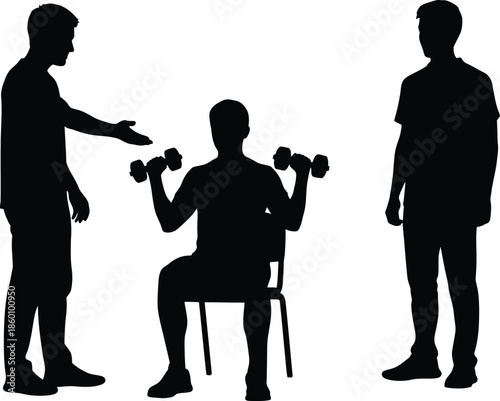 Three Male Silhouettes Working Out with Dumbbells Personal Trainer and Athlete Vector Illustration