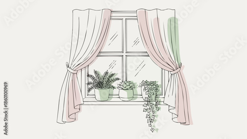 Illustration of a window with curtains and potted plants.