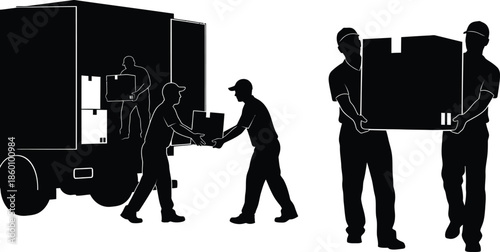 Professional movers loading cardboard boxes onto a delivery truck silhouette black and white illustration