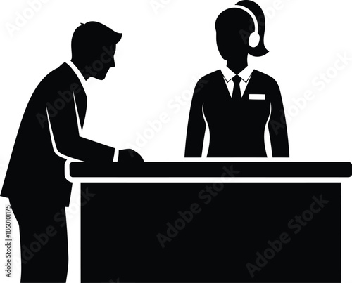 Reception desk interaction vector icon Customer service agent with headset and client silhouette graphic
