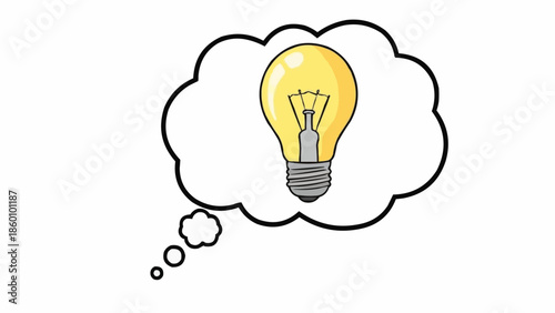 Illustration of a bright light bulb inside a thought bubble representing an idea.