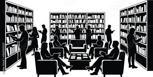 Library reading room silhouette vector illustration of people studying among bookshelves monochromatic graphic resource