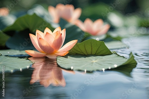 Wallpaper Mural Blurry image of a peach lotus leaf on water Torontodigital.ca