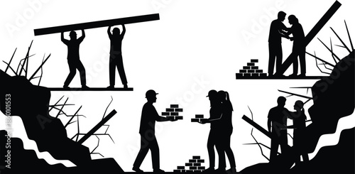 Silhouette construction workers building a structure Teamwork and labor concept vector Black and white illustration