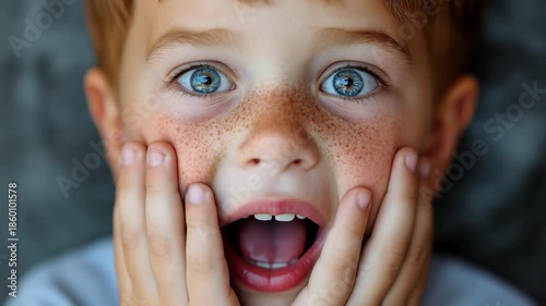 Boy playfully sticking out his tongue while covering his eyes in a close-up portrait, capturing a moment of childlike expression and spontaneity in a neutral setting