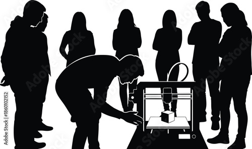 Group Silhouette Observing 3D Printer Technology Vector Illustration