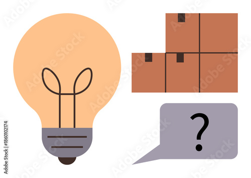 Lightbulb evokes ideas and innovation, boxes denote storage and shipping, speech bubble signals inquiry. Ideal for brainstorming, logistics, supply chain, problem-solving, creativity, business