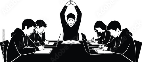 Group Study Stress and Overwork Silhouette Vector Illustration Young people working hard or cramming for exam with one burned out student