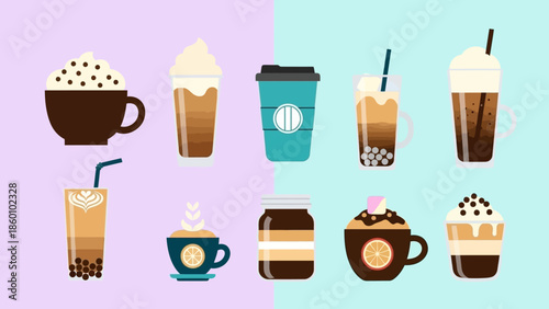 Assorted Coffee and Tea Drinks in Various Containers.