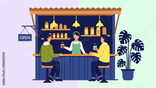 Illustration of a bar scene with customers and bartender.