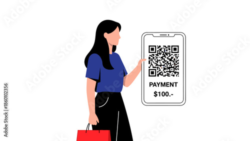Woman making payment using QR code on mobile phone.