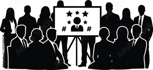 Team audience silhouette reviewing performance and social media recognition icons on a whiteboard presentation