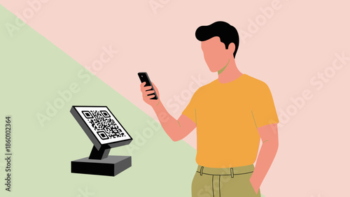 Man scanning QR code on digital display with smartphone.