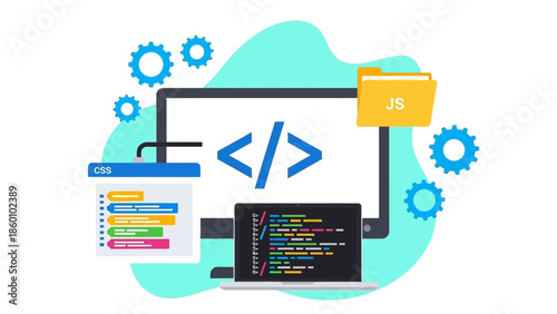 Coding and software development concept with code editor and files.