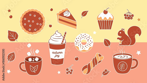 Assorted autumnal pastries and coffee drinks with squirrel decoration.