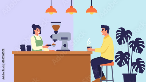Man enjoying coffee at a modern cafe counter with a friendly barista.