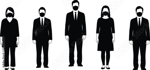 Business People Group Wearing Face Masks Silhouette Vector Icon Set COVID-19 Safety Protocol
